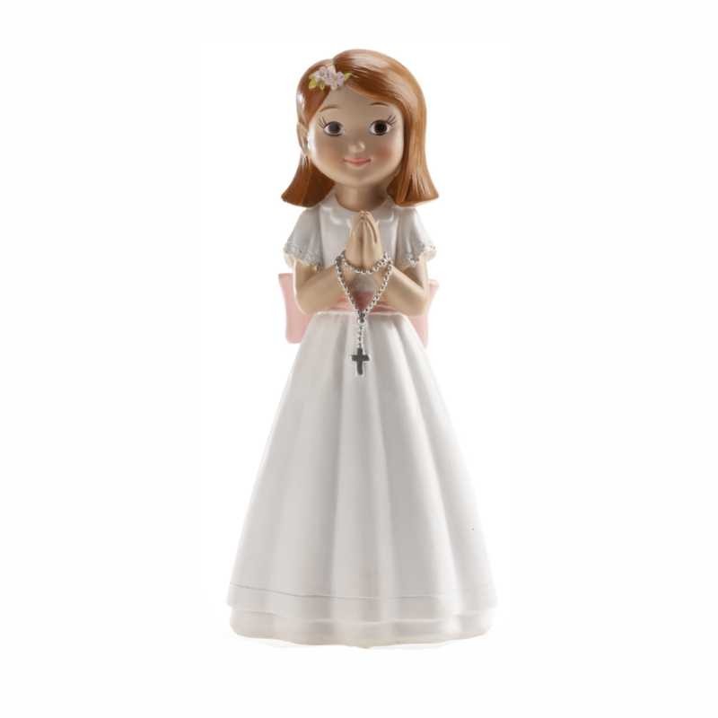 Figura comunión niña rosario y lazo rosa